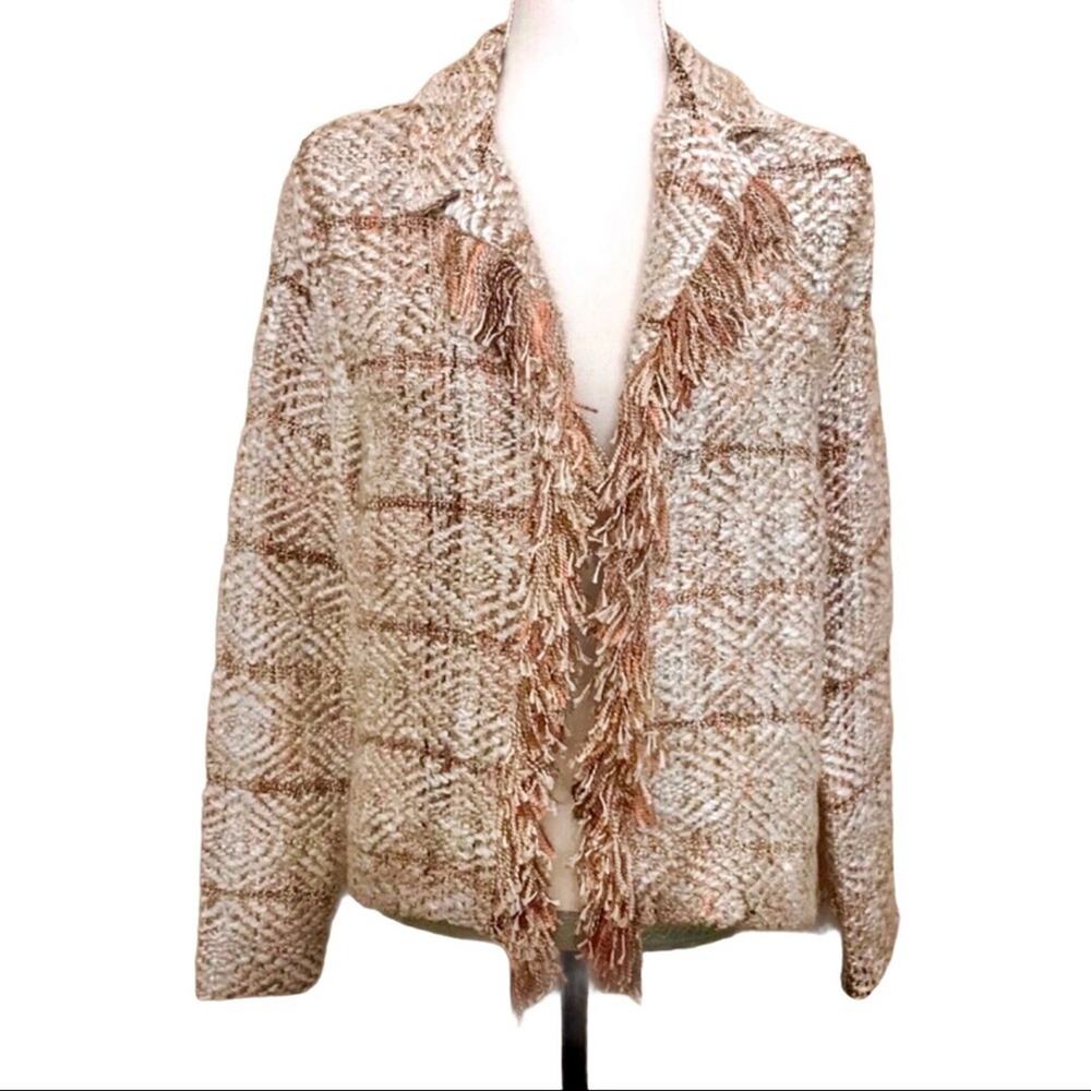 Chico’s Soft Open Knit Cardigan Cozy Cream & Orange Fringe Size Small